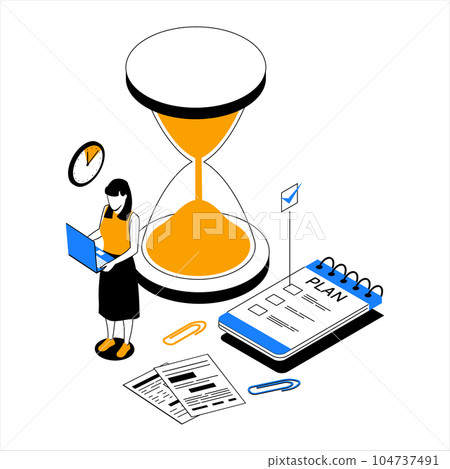 Time management. People organize productive work and effective task schedule. Hourglass and goals planner. Deadline clock. Office worker with laptop. Efficient workflow. Vector concept Time management. People organize productive work and effective task schedule. Hourglass and goals planner. Deadline clock. Office worker with laptop. Efficient workflow. Vector concept 104737491