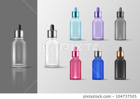 Serum bottle. Skin care dropper. Cosmetic perfume cup. Beauty product. Plastic or glass phials. Isolated packages set. Container with pipette. Silver or gold label. Vector packaging mockup 104737505