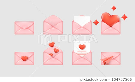 3d letter envelope set. Love render, romantic gift, new chat notification, open and closed email message with document, red heart and empty. Vector isolated cute pink elements 104737506