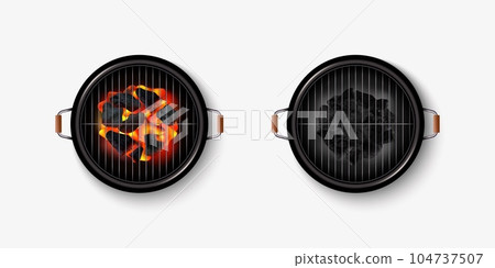 Grill top view. BBQ stove. Realistic barbecue brazier with coal and fire. Empty picnic oven. Outdoor meal cooking. Meat grilling. Metal grid. Hot round object. Vector 3D illustration 104737507