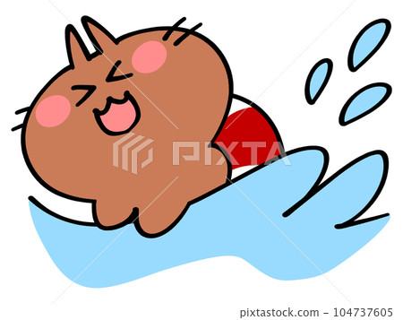 Tanned cat illustration material of a floating ring swimming in the sea 104737605