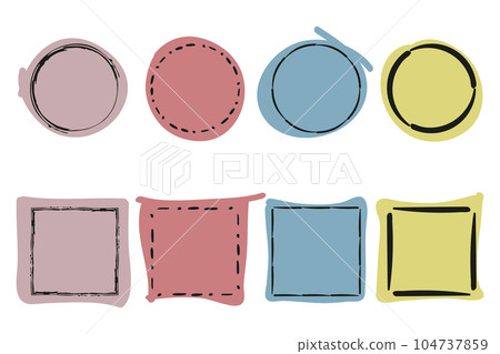 Frames, border Set. Hand drawn paint brush doodle line strokes and fills, colorful palette. Circle wreath, square geometric shapes. Empty frame, text space background 104737859