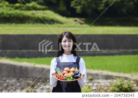 農婦在田地前拿著剛採摘的蔬菜 104738345