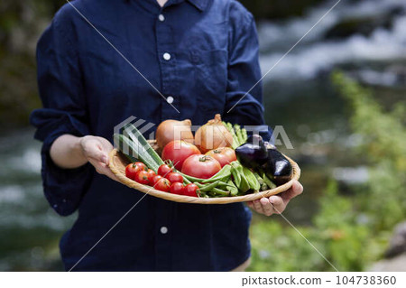 日本女農民在河前拿著新鮮採摘的蔬菜 日本女農民在河前拿著新鮮採摘的蔬菜 104738360