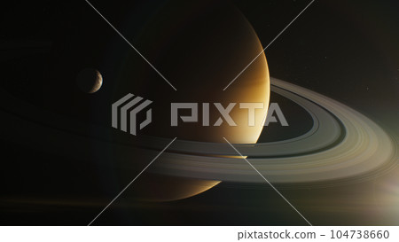 Illustration Realistic 3D graphics of sunlit Saturn and its moon Illustration Realistic 3D graphics of sunlit Saturn and its moon 104738660