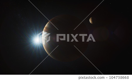 Illustration Realistic 3D animation of Jupiter rotating in dark outer space Illustration Realistic 3D animation of Jupiter rotating in dark outer space 104738668