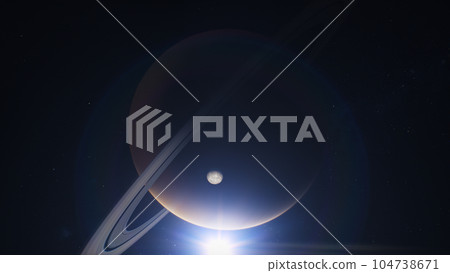 Illustration Cinematic 3D animation of Saturn and its moon 104738671