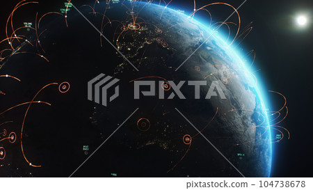 Illustration 3D graphics of abstract digital streams and lines over Earth 104738678