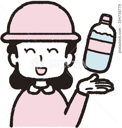 Upper body illustration of a smiling woman holding a plastic bottle of water in her left hand, wearing a hat and facing the front Upper body illustration of a smiling woman holding a plastic bottle of water in her left hand, wearing a hat and facing the front 104738779