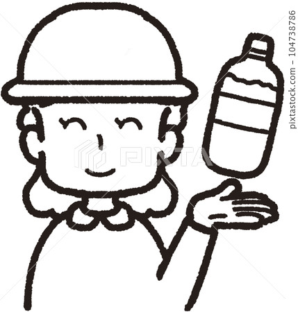 Upper body line drawing illustration of a woman holding a plastic bottle of water in her left hand, wearing a hat, facing the front and smiling Upper body line drawing illustration of a woman holding a plastic bottle of water in her left hand, wearing a hat, facing the front and smiling 104738786