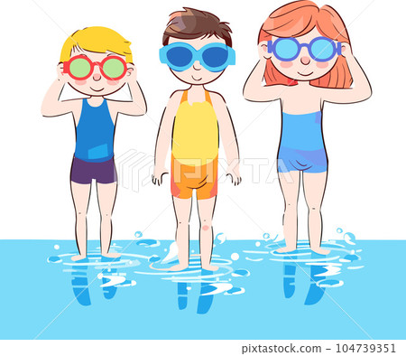 夏天準備去游泳的小朋友們,戴著泳帽蛙鏡 104739351