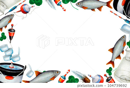 Watercolor drawing rectangle frame from various fishing bobblers, fish, buckets, clover leaves, fishing nets, fishing line, bait cans. White background in the middle. Angling gear to logo, card, photo 104739692