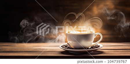 Coffee cup with steam on wooden table. Coffee background. Coffee cup with steam on wooden table. Coffee background. 104739767