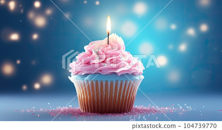 Birthday cupcake with burning candle on blue bokeh background 104739770
