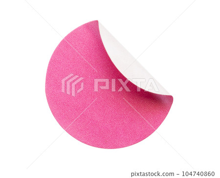 Blank pink round adhesive paper sticker label isolated on white background 104740860