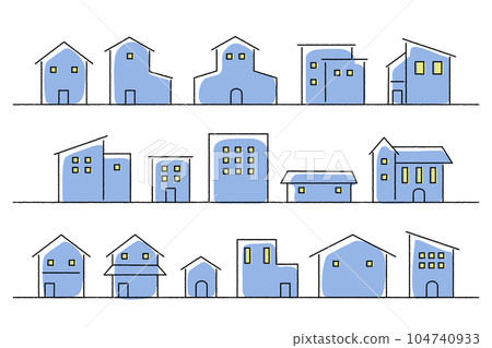 Simple residential area set at night: house, house, night view 104740933