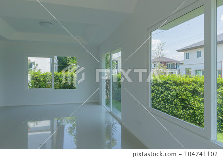 Empty room with glass window frame house interior on concrete wall 104741102