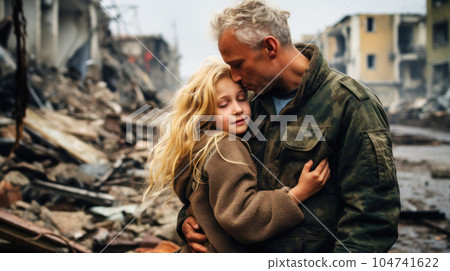 Young long hair girl hugs fully equipped military solder, against the backdrop of a destroyed city 104741622