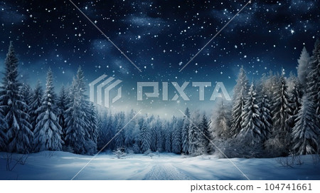 Winter forest with snow, sky and stars at night Winter forest with snow, sky and stars at night 104741661