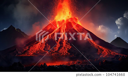 Volcano eruption with red lava escaping from the volcano nozzle 104741668