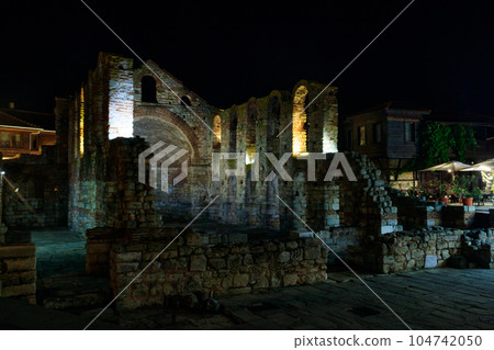 Byzantine Church of Saint Sophia, also known as the Old Bishopric in the old town of Nessebar, Bulgaria at night 104742050