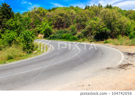 Asphalt winding road in a green forest 104742056