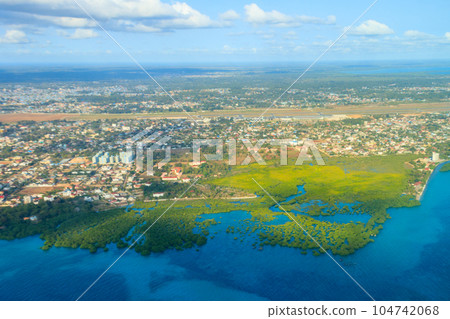 Aerial view of tropical island Zanzibar in the Indian ocean in Tanzania, East Africa 104742068