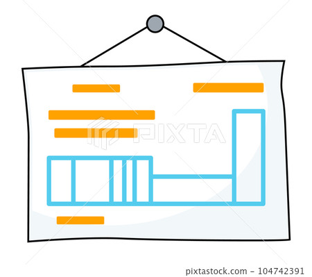 White board web icon, poster hanging at nail with presentation, graph elements, tables, information 104742391