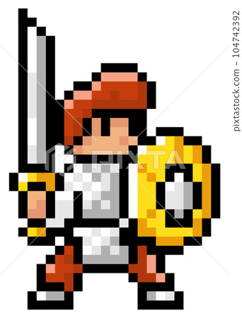 Vector pixel character. Illustration of pixel man with shield and sword isolated on white background Vector pixel character. Illustration of pixel man with shield and sword isolated on white background 104742392