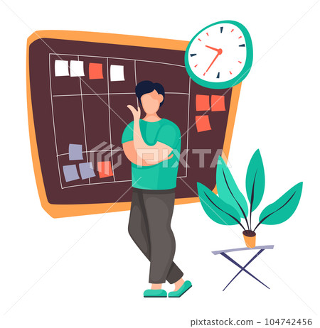 Worker organizing work time, concept of time management, worker near board with task on stickers 104742456