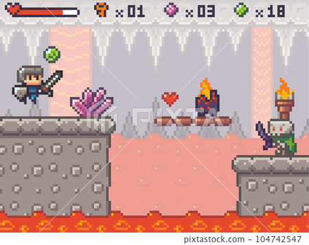 Pixel art style, character in game arcade play vector. Man with sharp sword fighting against enemy Pixel art style, character in game arcade play vector. Man with sharp sword fighting against enemy 104742547