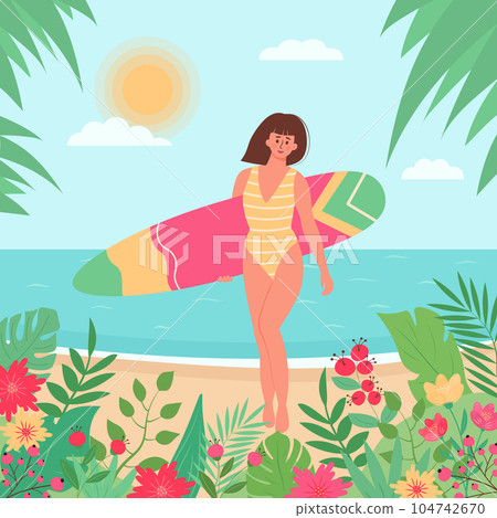Woman in swimsuit with surfboard on the beach. Tropical palm leaves, flowers  104742670