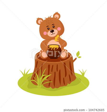 Cute baby bear with honey pot is sitting on the tree stump. Cute baby bear with honey pot is sitting on the tree stump. 104742685