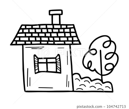 Cute tiny house with tree in doodle style. Sweet home.  104742713