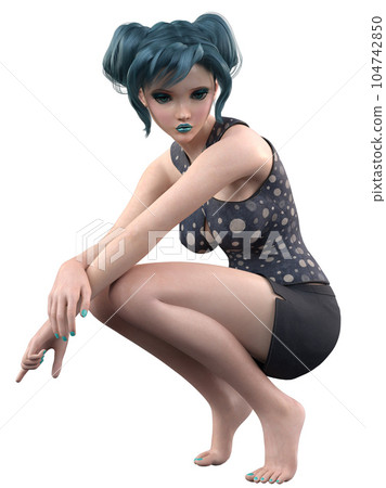 3D Anime girl with blue hair in summer outfit 104742850
