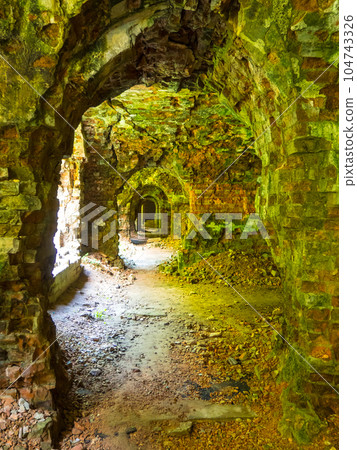 Abandoned fortress outside, ruined wooded citadel Tarakaniv, Ukraine 104743326