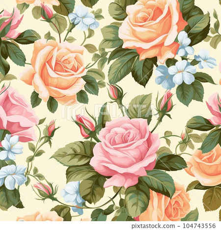 Beautiful seamless rose flower pattern with different flowers. Vector illustration. Painting of  beautiful vibrant blooming flowers on a dark background. 104743556