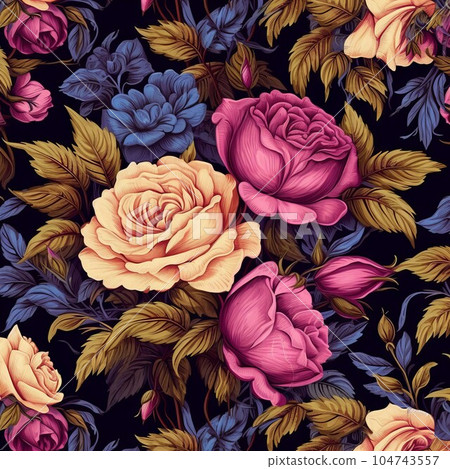Beautiful seamless rose flower pattern with different flowers. Vector illustration. Painting of  beautiful vibrant blooming flowers on a dark background. 104743557