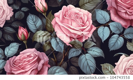 Beautiful seamless rose flower pattern with different flowers. Vector illustration. Painting of  beautiful vibrant blooming flowers on a dark background. 104743558