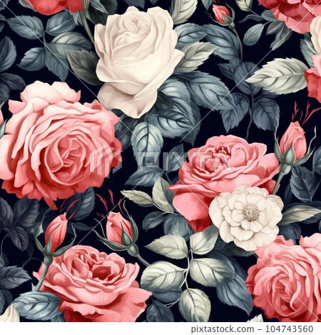 Beautiful seamless rose flower pattern with different flowers. Vector illustration. Painting of  beautiful vibrant blooming flowers on a dark background. 104743560