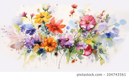 Beautiful watercolor bouquet. Vector image of nice colorful summer flowers on a white background. Bright spring flowers painting. 104743561