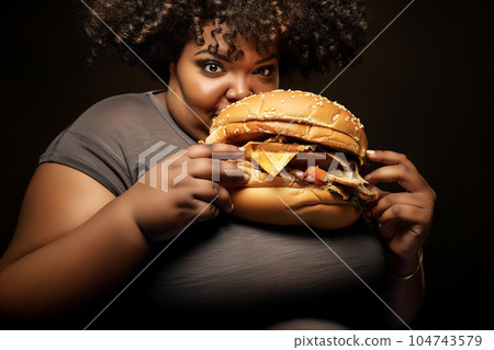 Fat african-american woman with a big burger. Fat african-american woman with a big burger. 104743579