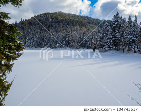 Synevyr against the background of a forest in the Carpathians in winter Synevyr against the background of a forest in the Carpathians in winter 104743617