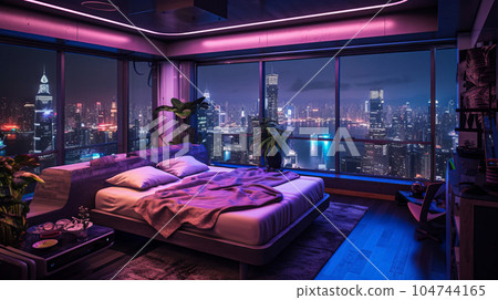 Interior of modern living room with night city view. 3D rendering. Cyberpunk style neon lit apartment at night with skyscrapers outside. Futuristic design of a home with a beautiful night city view. 104744165