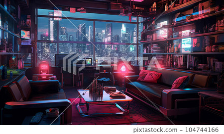 Interior of modern living room with night city view. 3D rendering. Cyberpunk style neon lit apartment at night with skyscrapers outside. Futuristic design of a home with a beautiful night city view. 104744166