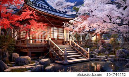 Japanese style wooden house with a beautiful green garden and cherry blossoms. Blooming Sakura tree with an exterior of an old traditional Asian building. 104744252