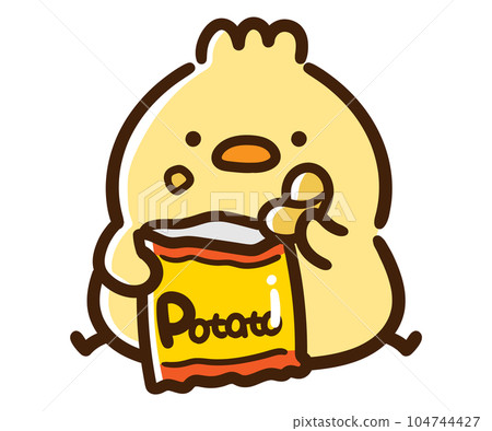 一個可愛的小雞角色吃零食的手繪插圖 104744427