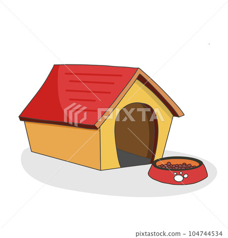 Empty Dog House with dish for dog meal. Vector flat cartoon style. Empty Dog House with dish for dog meal. Vector flat cartoon style. 104744534