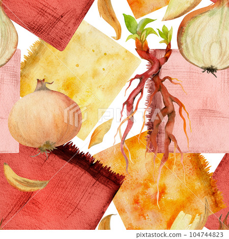 Hand drawn watercolor madder root, onion coloring natural plant dye, hobby materials handmade fabric. Illustration isolated seamless pattern, white background. Shop logo, print, business card, booklet Hand drawn watercolor madder root, onion coloring natural plant dye, hobby materials handmade fabric. Illustration isolated seamless pattern, white background. Shop logo, print, business card, booklet 104744823