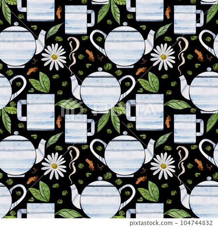 Hand drawn watercolor teaware, tea lemon, dishes crockery porcelain, hot beverage. Seamless pattern isolated on white background. For invitations, cafe, restaurant food menu, print, website, cards 104744832